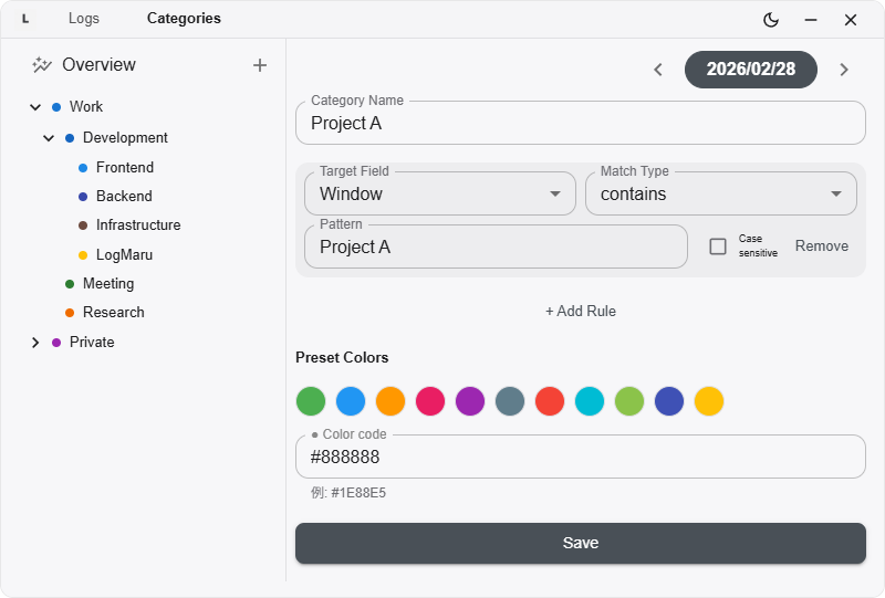 Assign categories screen